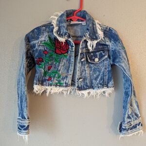 Ooh! La, La! Couture Distressed Blue Jean Jacket with Red Floral Embroidery